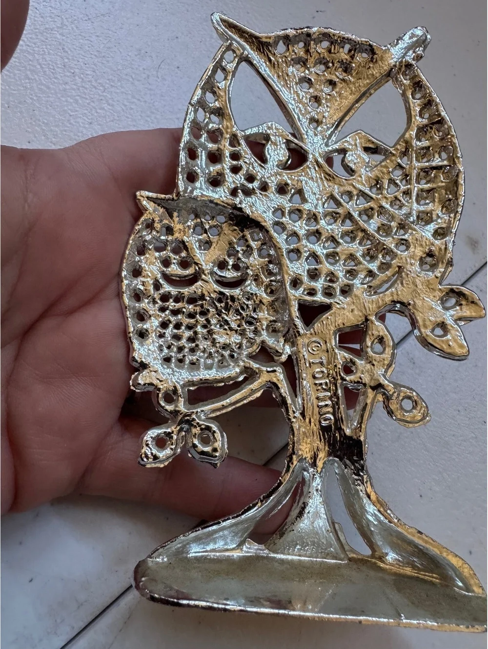 Vintage Torino Silver Tone Owl Family Tree Figurine Openwork Metal Sculpture